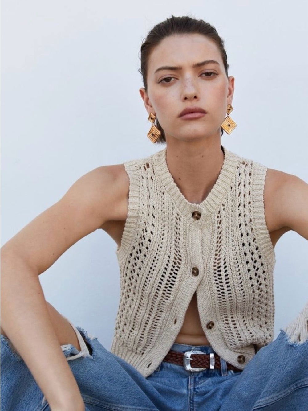 Mango Beige 100% Cotton Openwork Crochet Knit Vest Size M